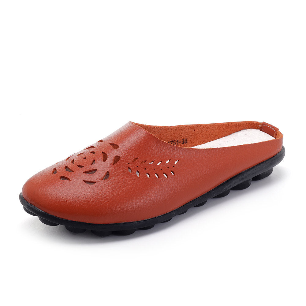 Hollow Leather Comfy Backless Loafers