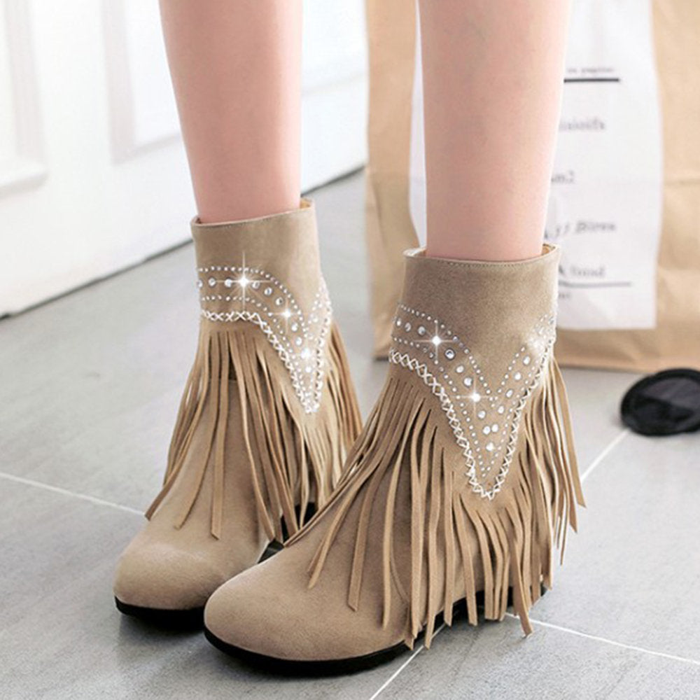 Suede Rhinestone Tassel Slip On Boots