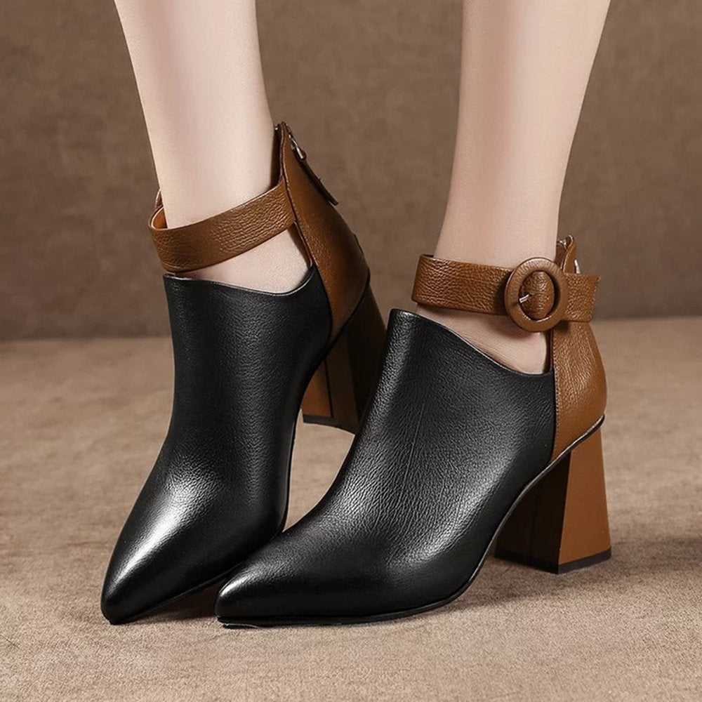 Splicing Pointed Toe Buckle Ankle Boots