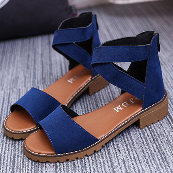 Strappy Zipper Peep Toe Flat Sandals For Women